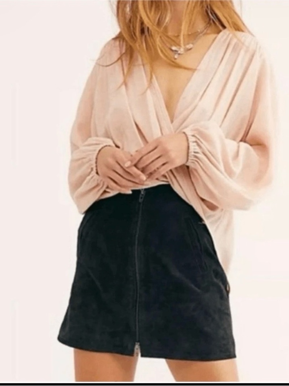 Free People Check On it faux wrap boho pale blush blouse long sleeve